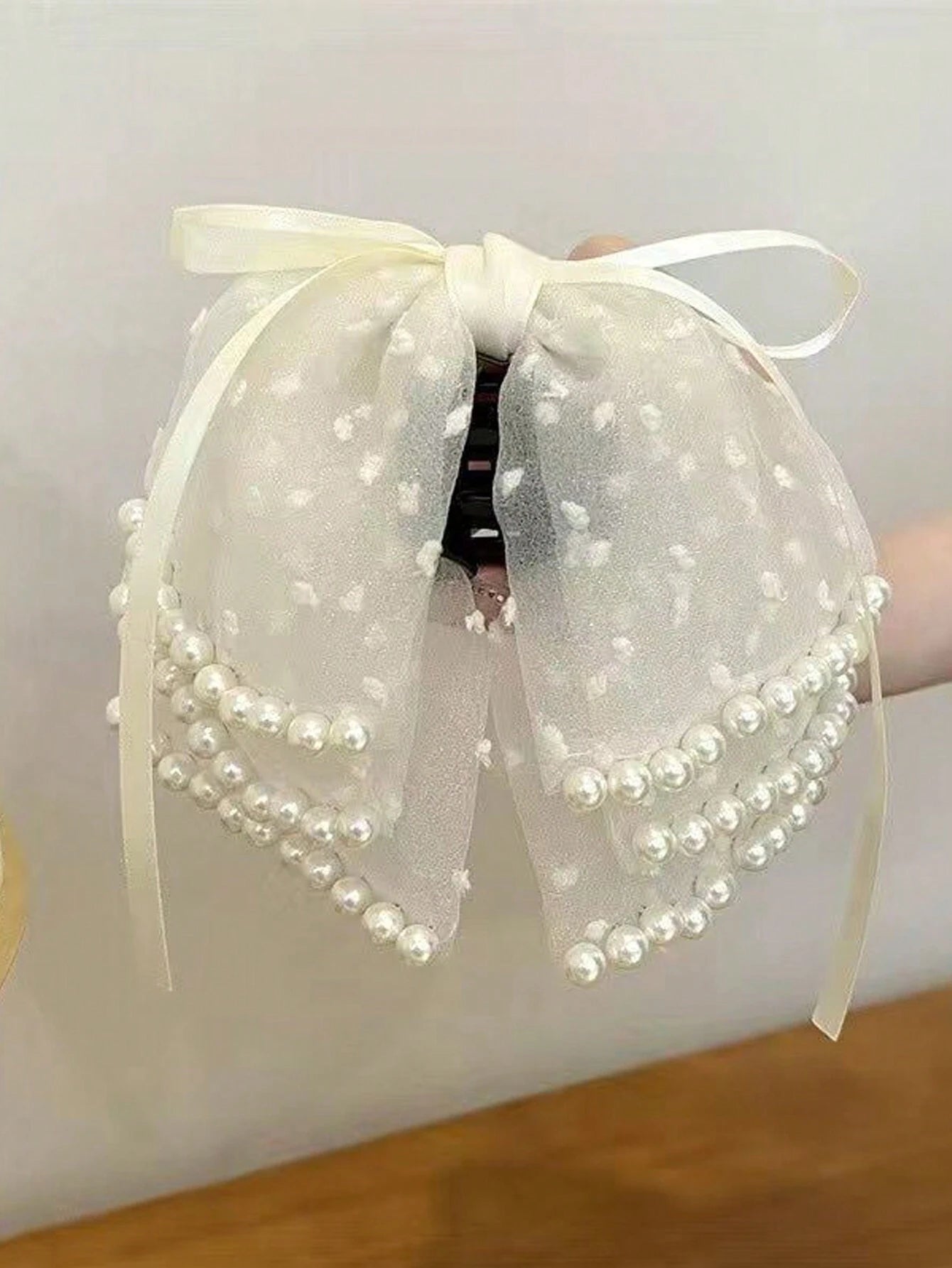 1pc Faux Pearl Mesh Ribbon Multi-Layered Bowknot Hair Clip