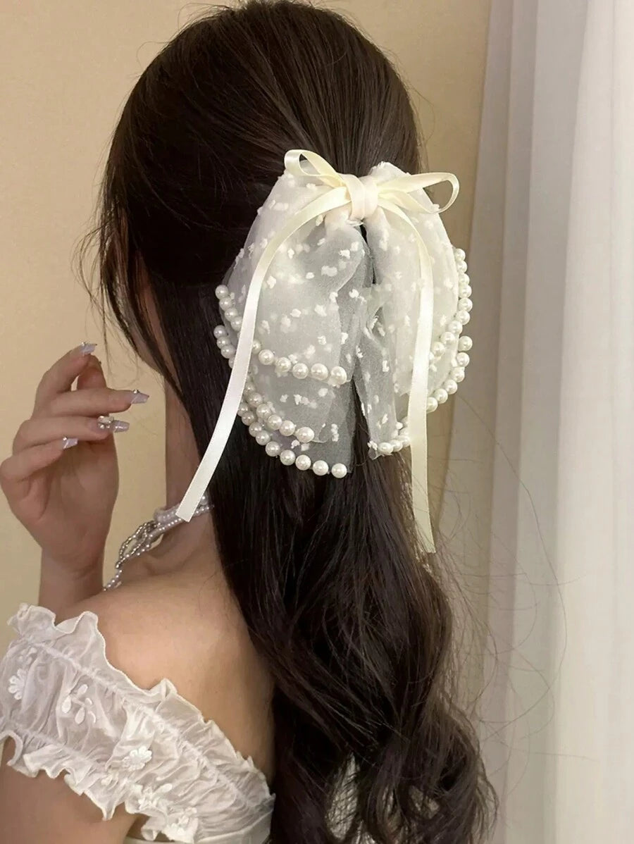 1pc Faux Pearl Mesh Ribbon Multi-Layered Bowknot Hair Clip