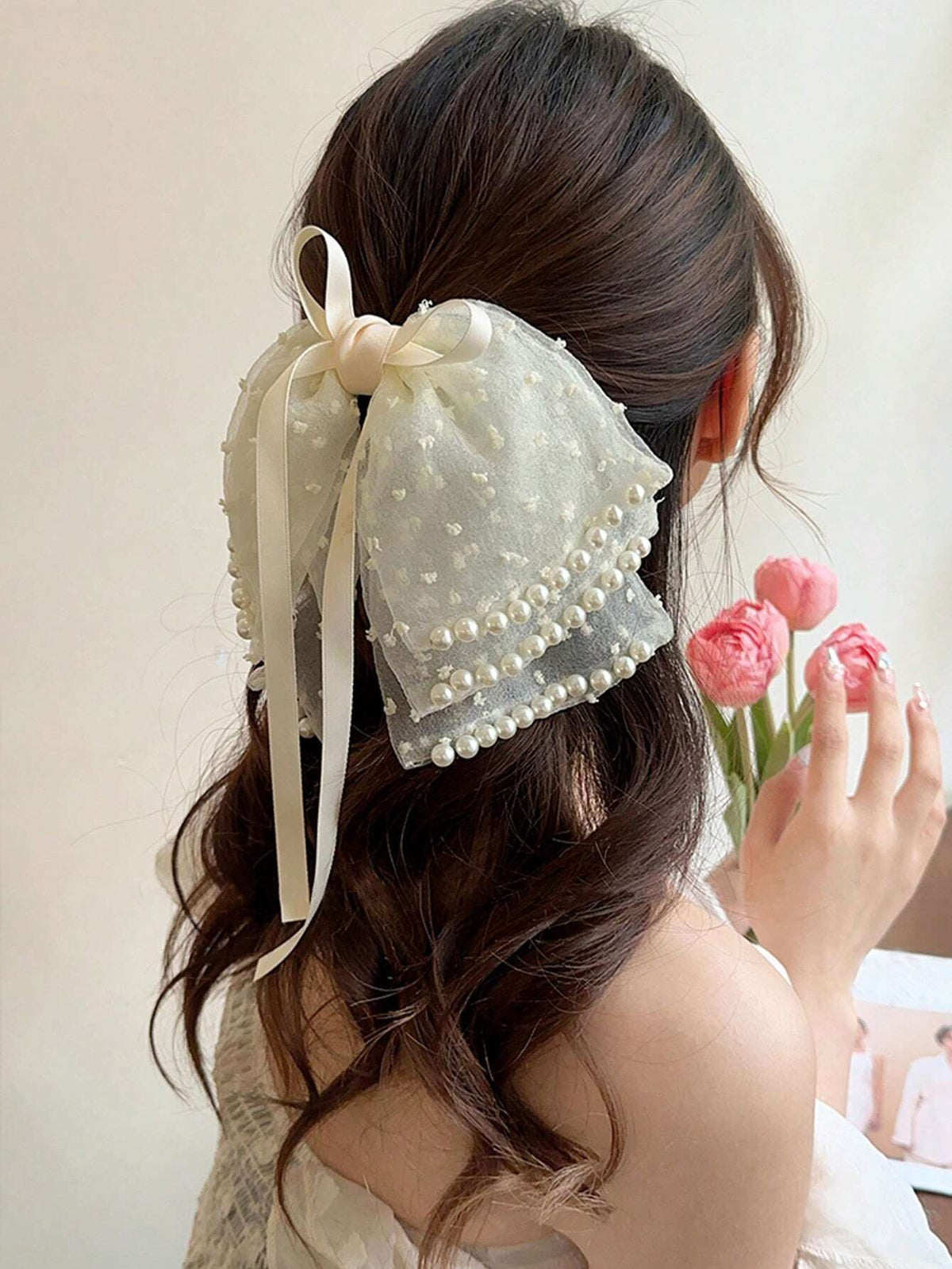 1pc Faux Pearl Mesh Ribbon Multi-Layered Bowknot Hair Clip