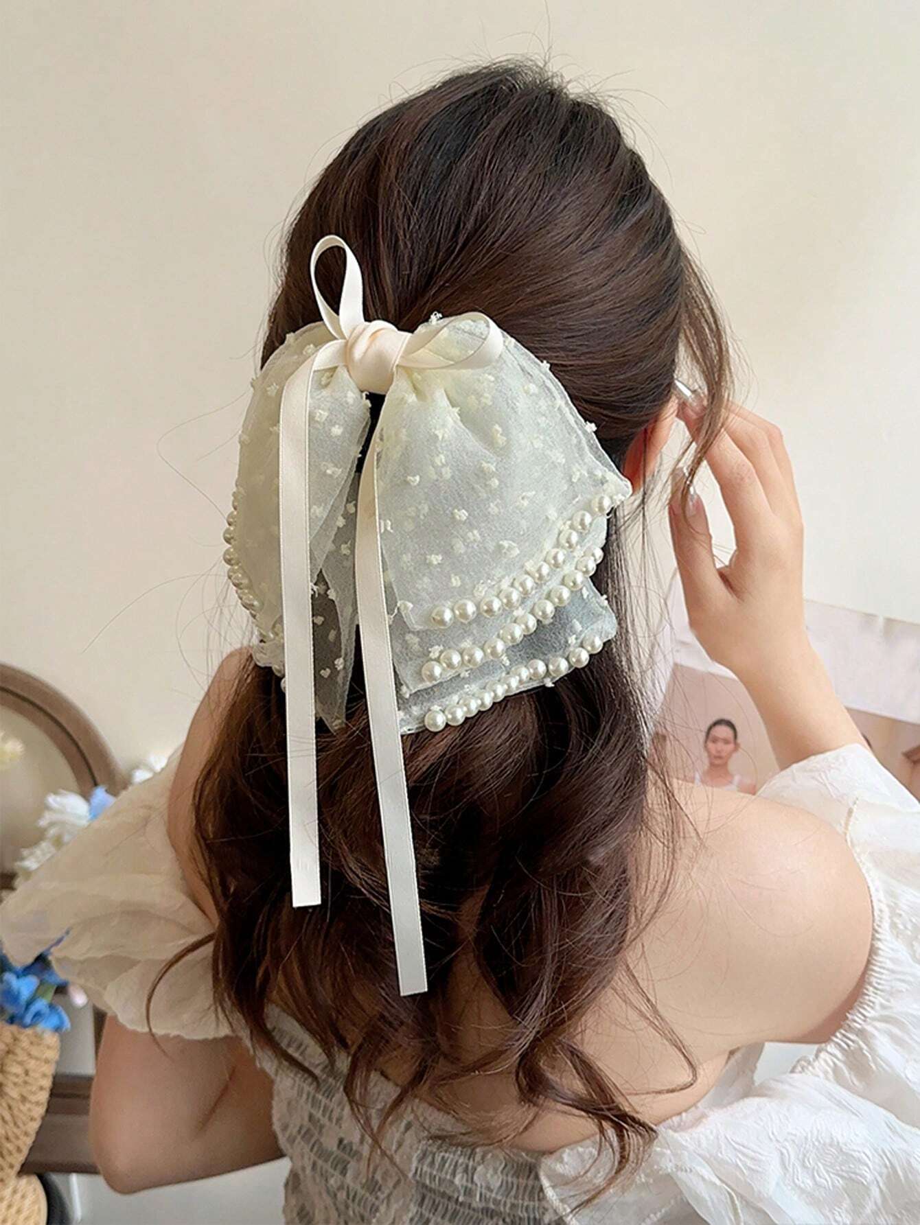 1pc Faux Pearl Mesh Ribbon Multi-Layered Bowknot Hair Clip