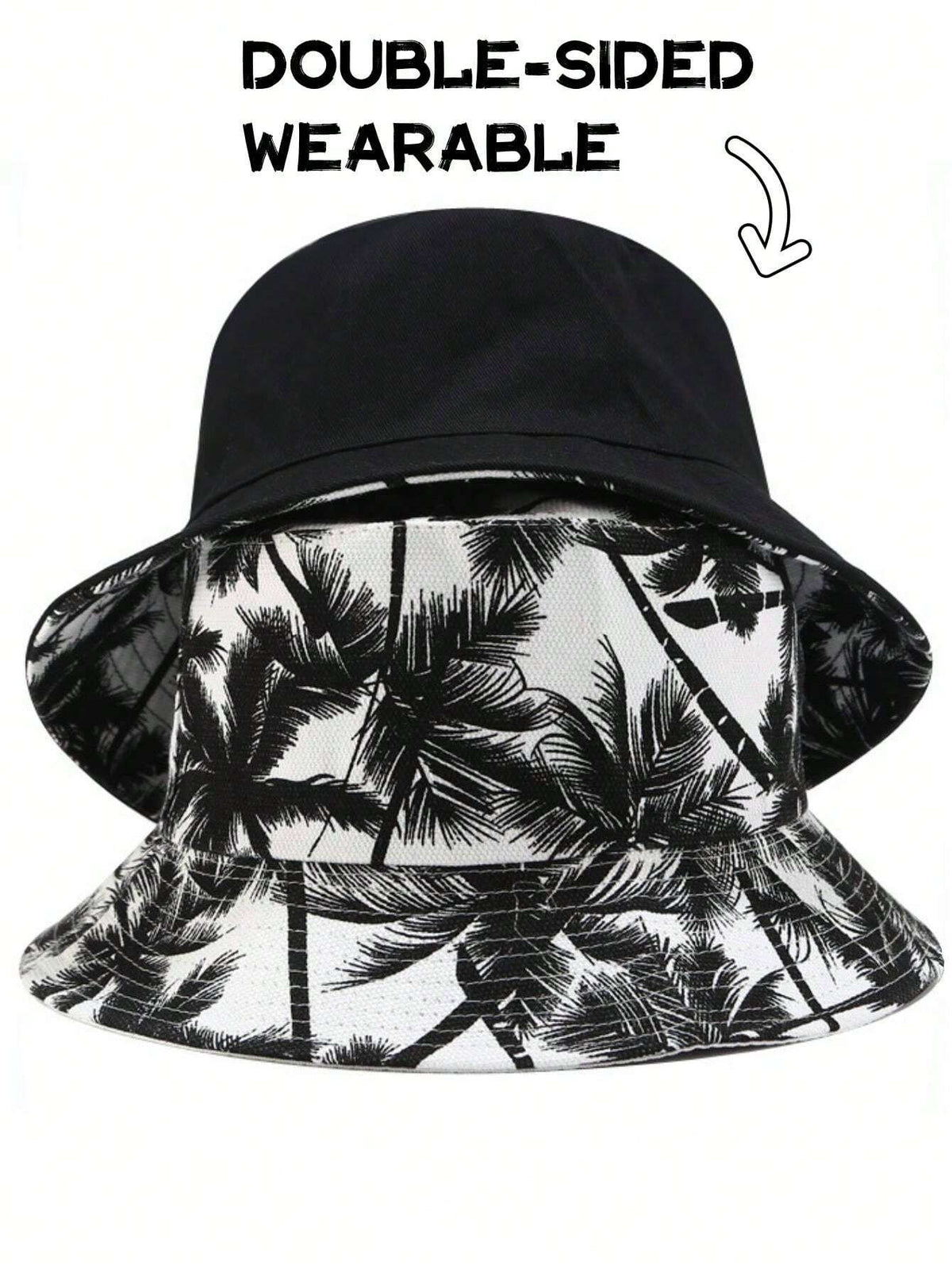 1pc Reversible Coconut Tree Bucket Hat - Black