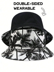 1pc Reversible Coconut Tree Bucket Hat - Black