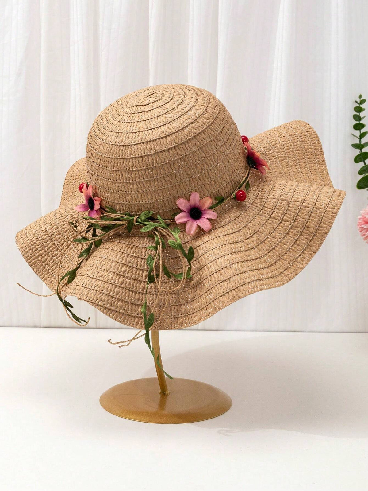 1pc Khaki Wavy Striped Bow Summer Beach Sun Hat