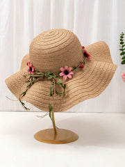 1pc Khaki Wavy Striped Bow Summer Beach Sun Hat