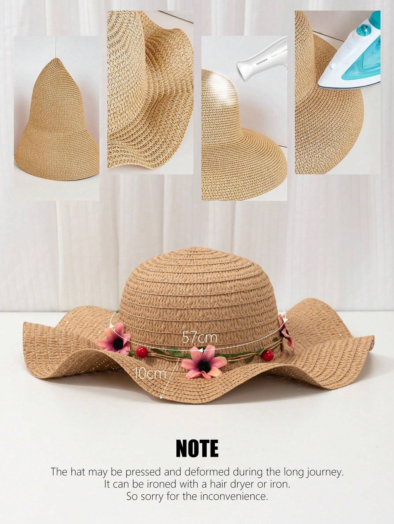 1pc Khaki Wavy Striped Bow Summer Beach Sun Hat