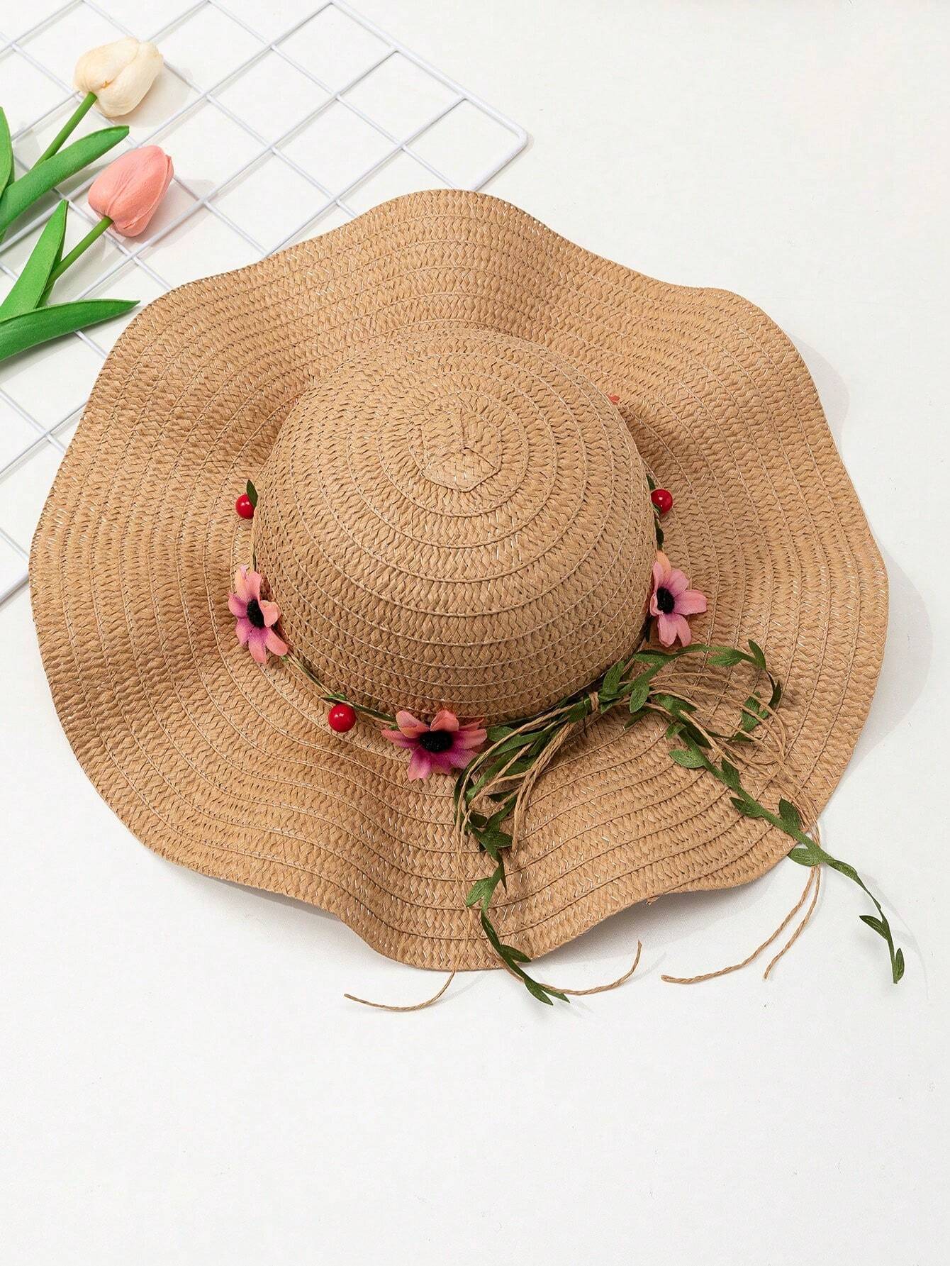 1pc Khaki Wavy Striped Bow Summer Beach Sun Hat