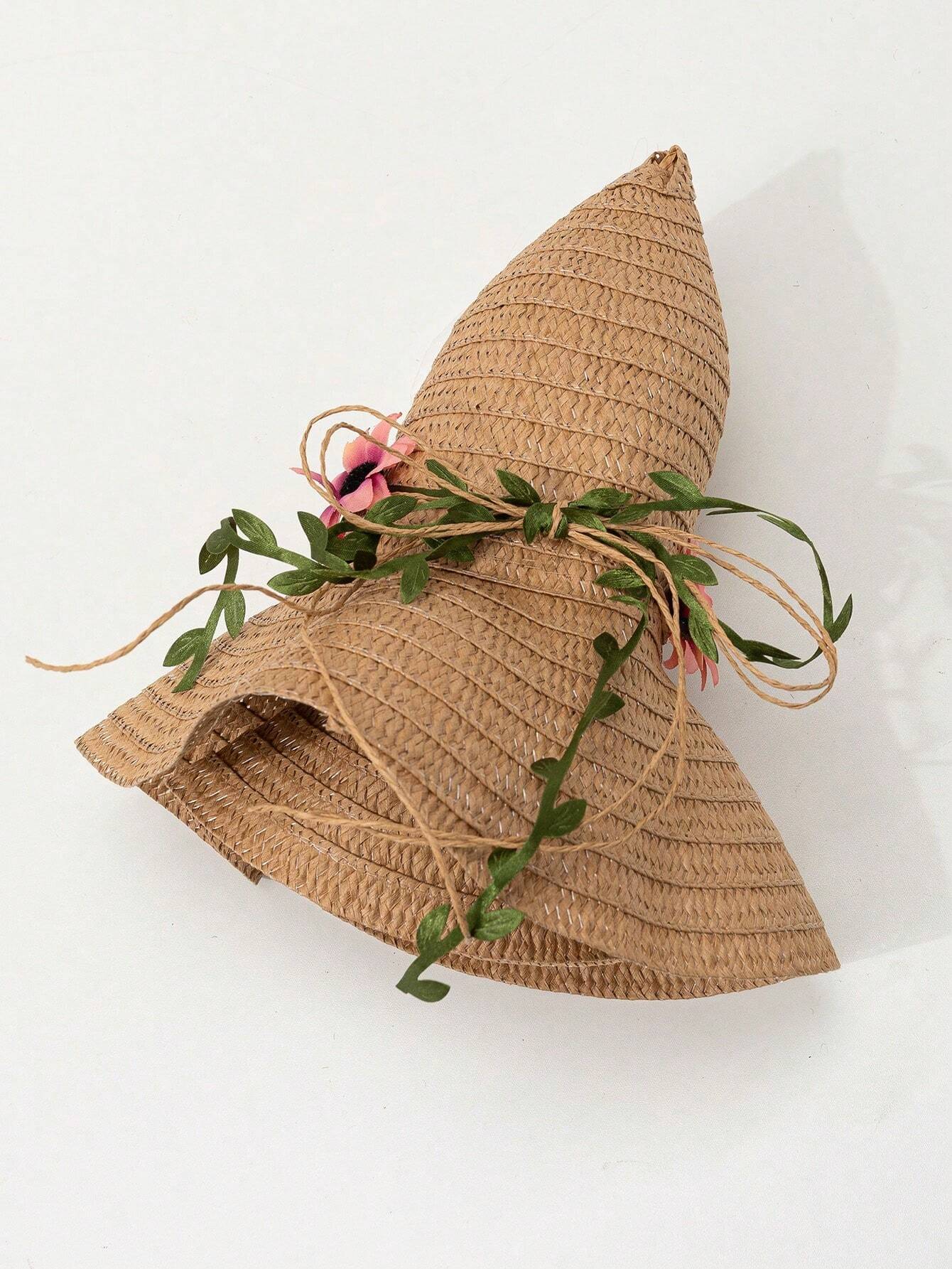 1pc Khaki Wavy Striped Bow Summer Beach Sun Hat