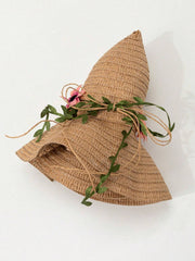 1pc Khaki Wavy Striped Bow Summer Beach Sun Hat
