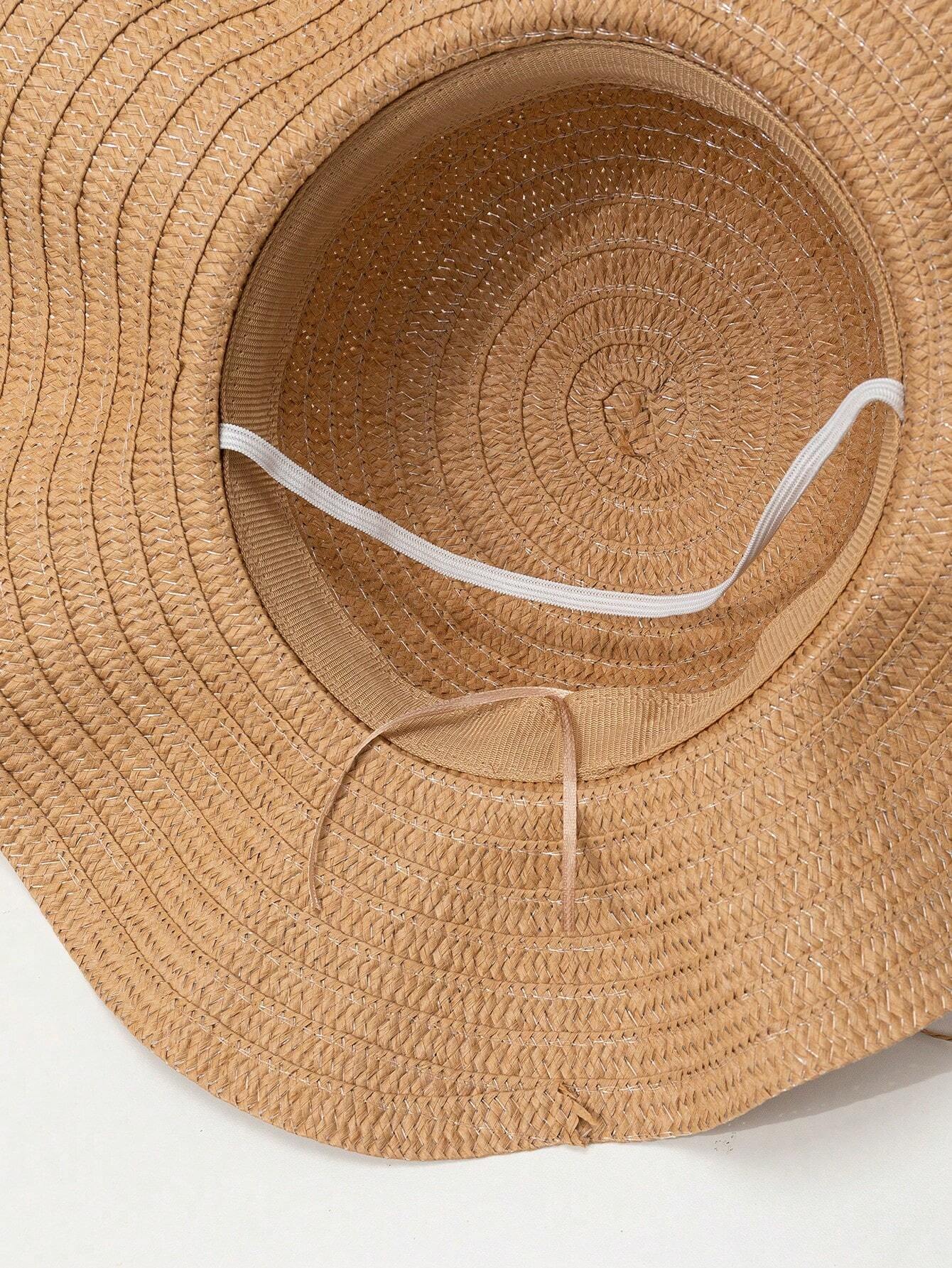 1pc Khaki Wavy Striped Bow Summer Beach Sun Hat