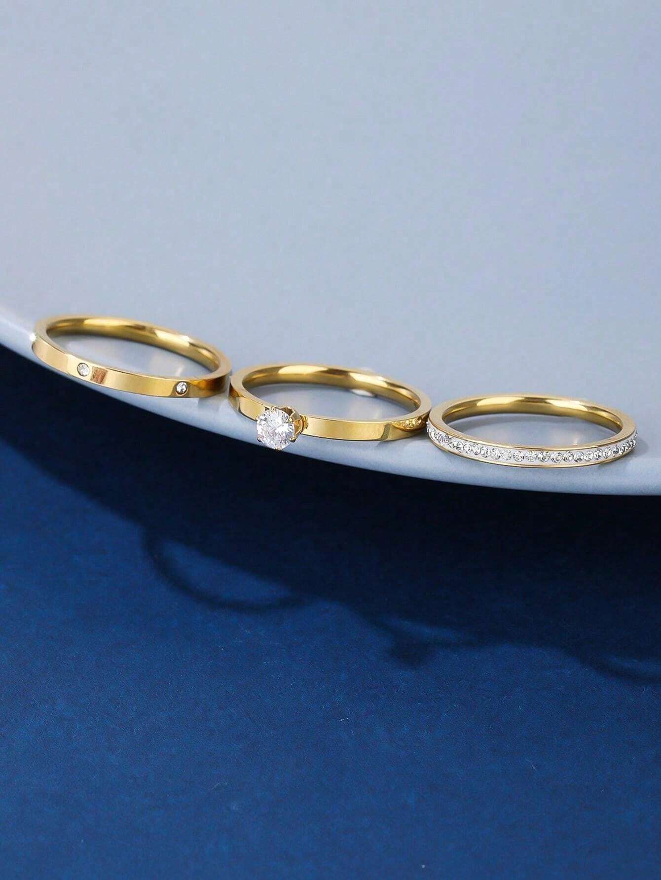 3pcs Cubic Zirconia Stone Insertion Ring - Yellow Gold
