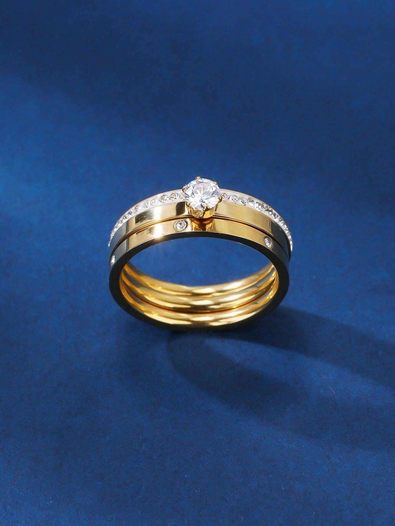 3pcs Cubic Zirconia Stone Insertion Ring - Yellow Gold