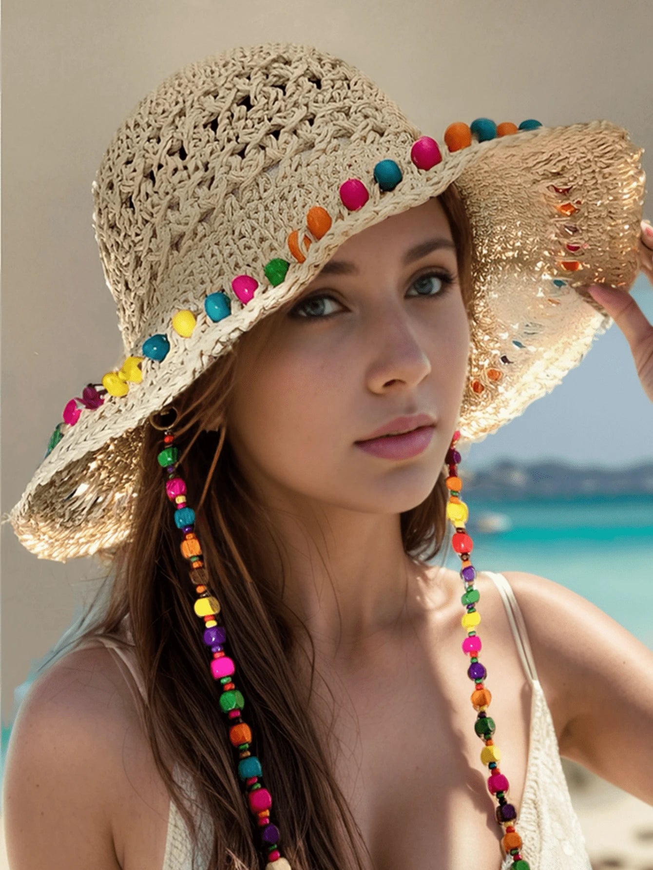 1pc Boho Colorful Beads Bucket Hat Sun Visor Hats