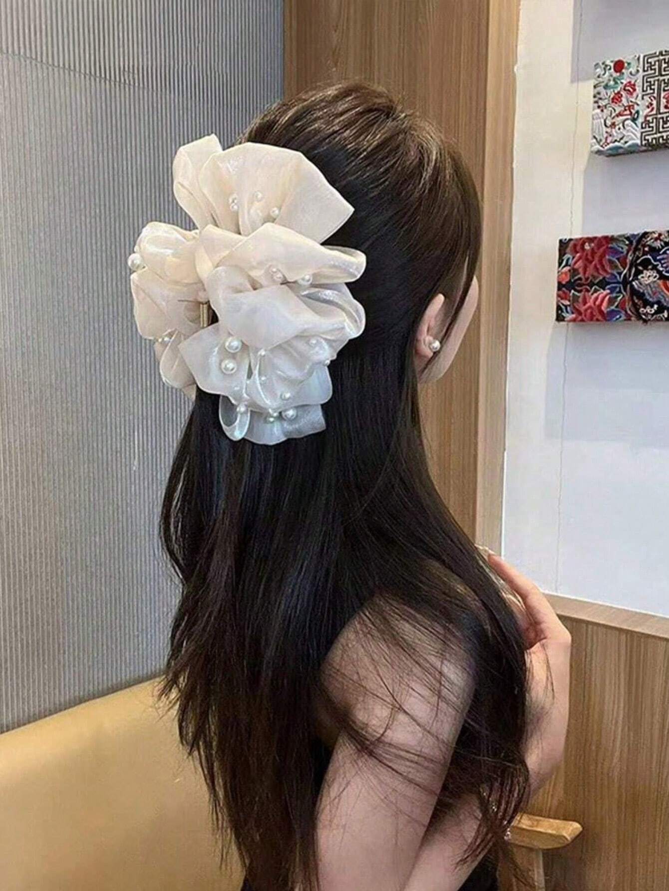 1pc Large Organza Pearl Hair Claw Clip