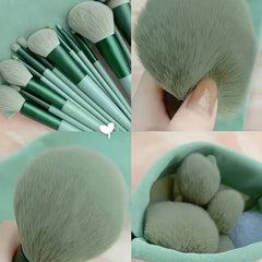 13pcs Makeup Brush Set With Storage Bag Green  - FD ⚡