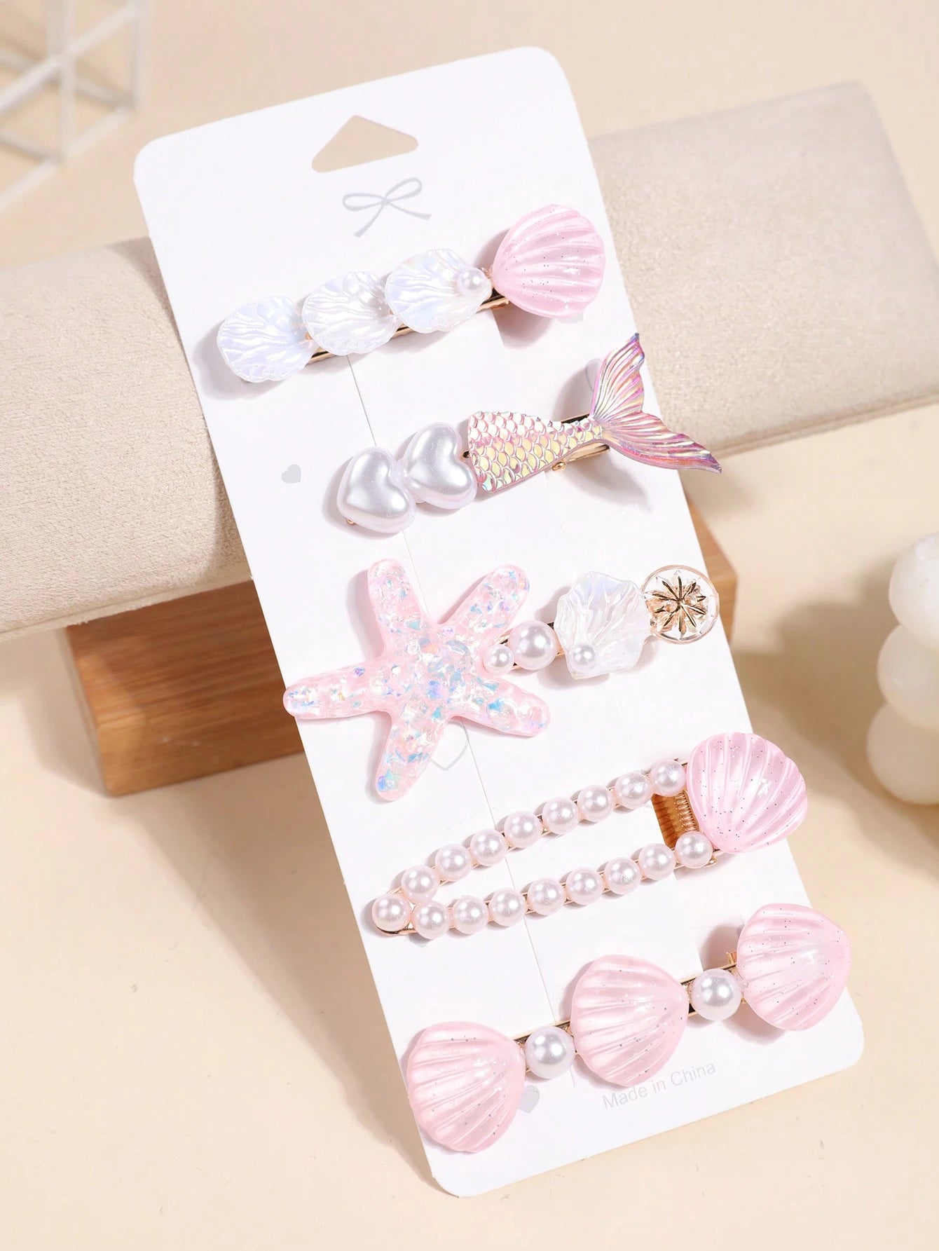 5pcs Faux Pearl & Star Shell Shaped Fish Tail Hair Clips