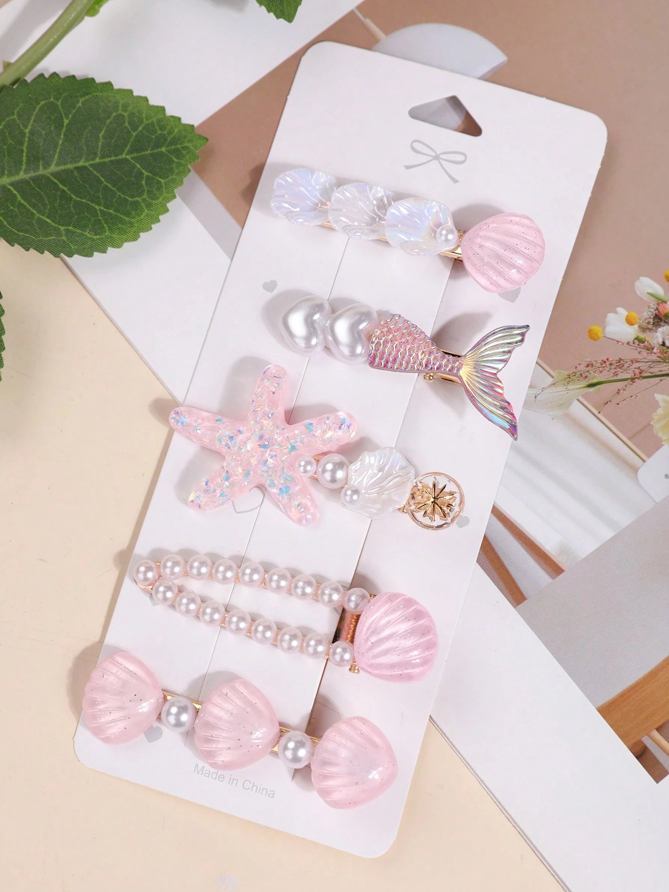5pcs Faux Pearl & Star Shell Shaped Fish Tail Hair Clips