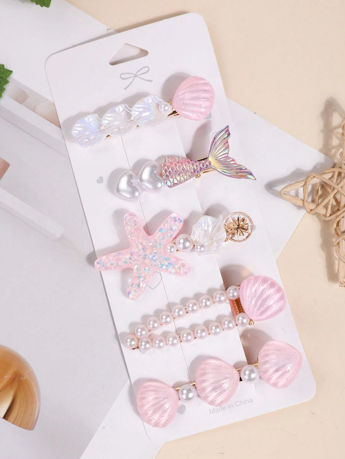 5pcs Faux Pearl & Star Shell Shaped Fish Tail Hair Clips