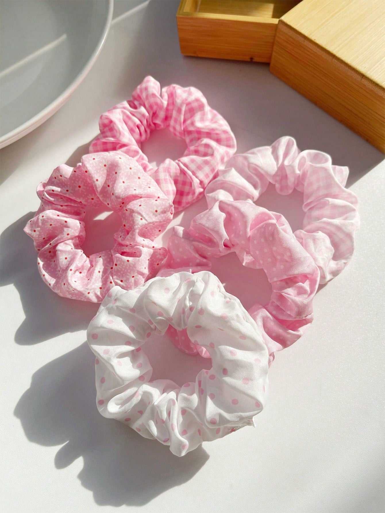 5pc Ditsy Floral Plaid Polka Dot Scrunchie Set