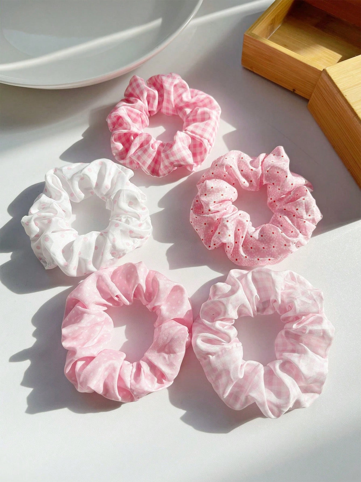 5pc Ditsy Floral Plaid Polka Dot Scrunchie Set