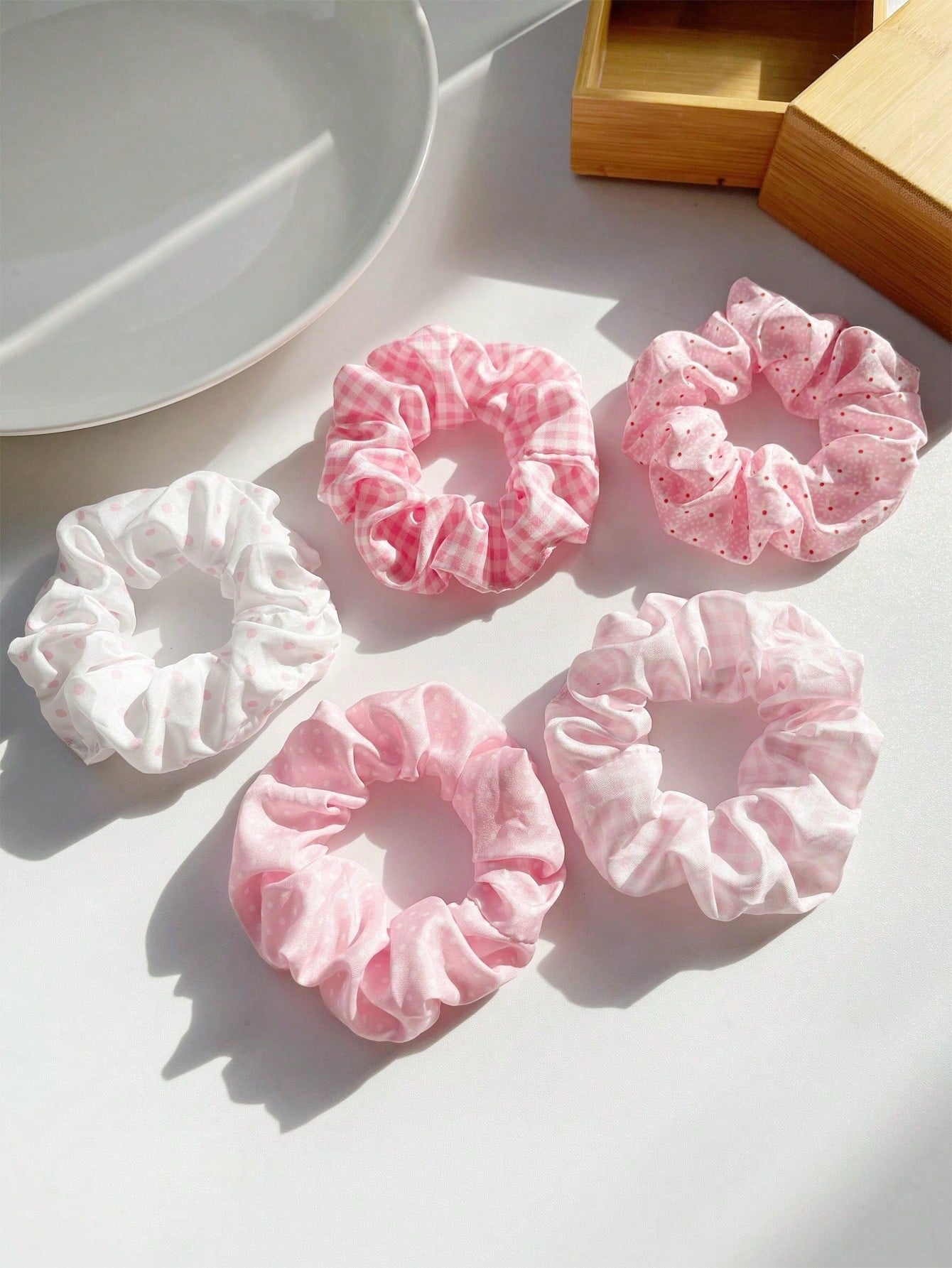 5pc Ditsy Floral Plaid Polka Dot Scrunchie Set