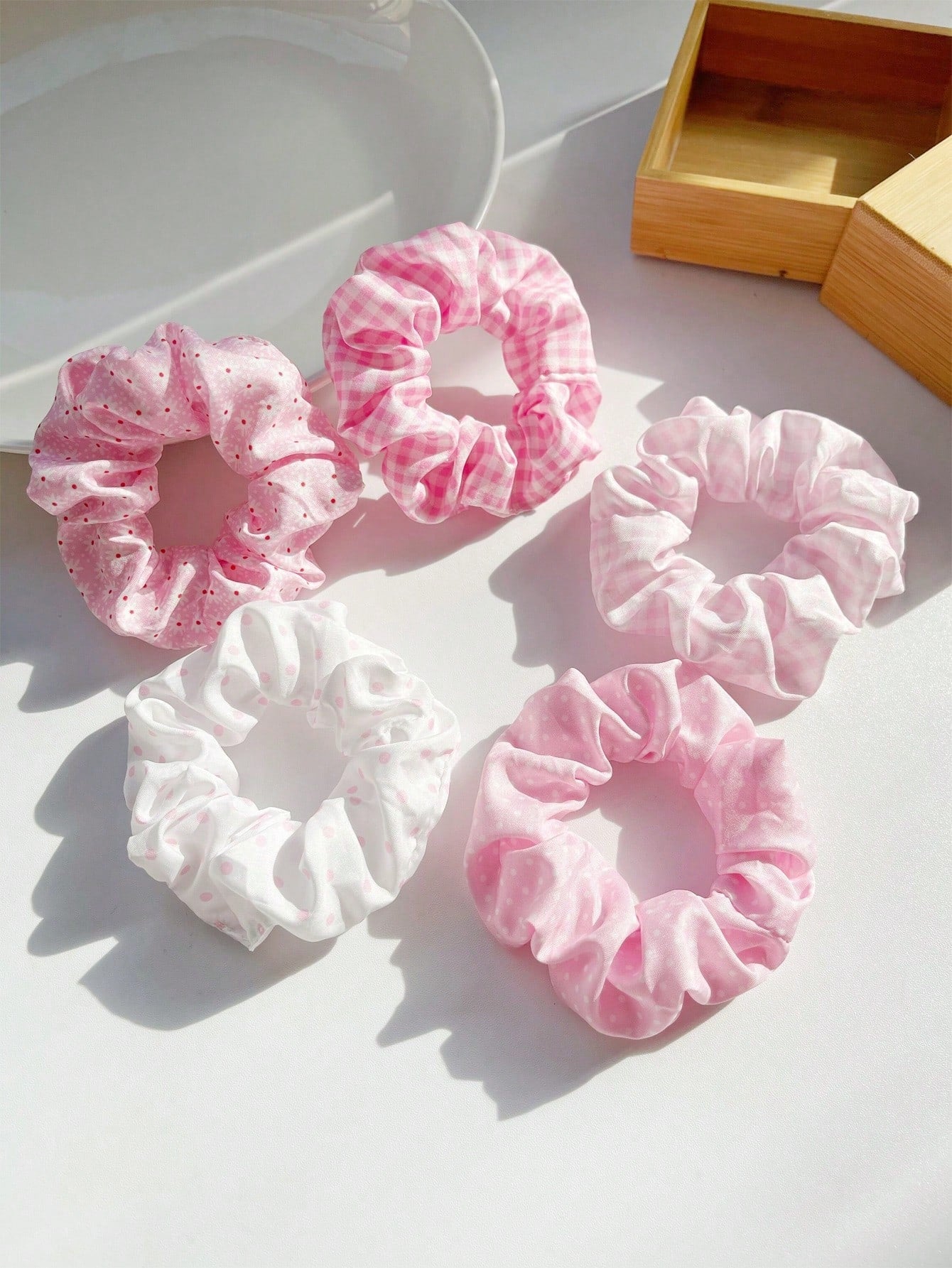 5pc Ditsy Floral Plaid Polka Dot Scrunchie Set