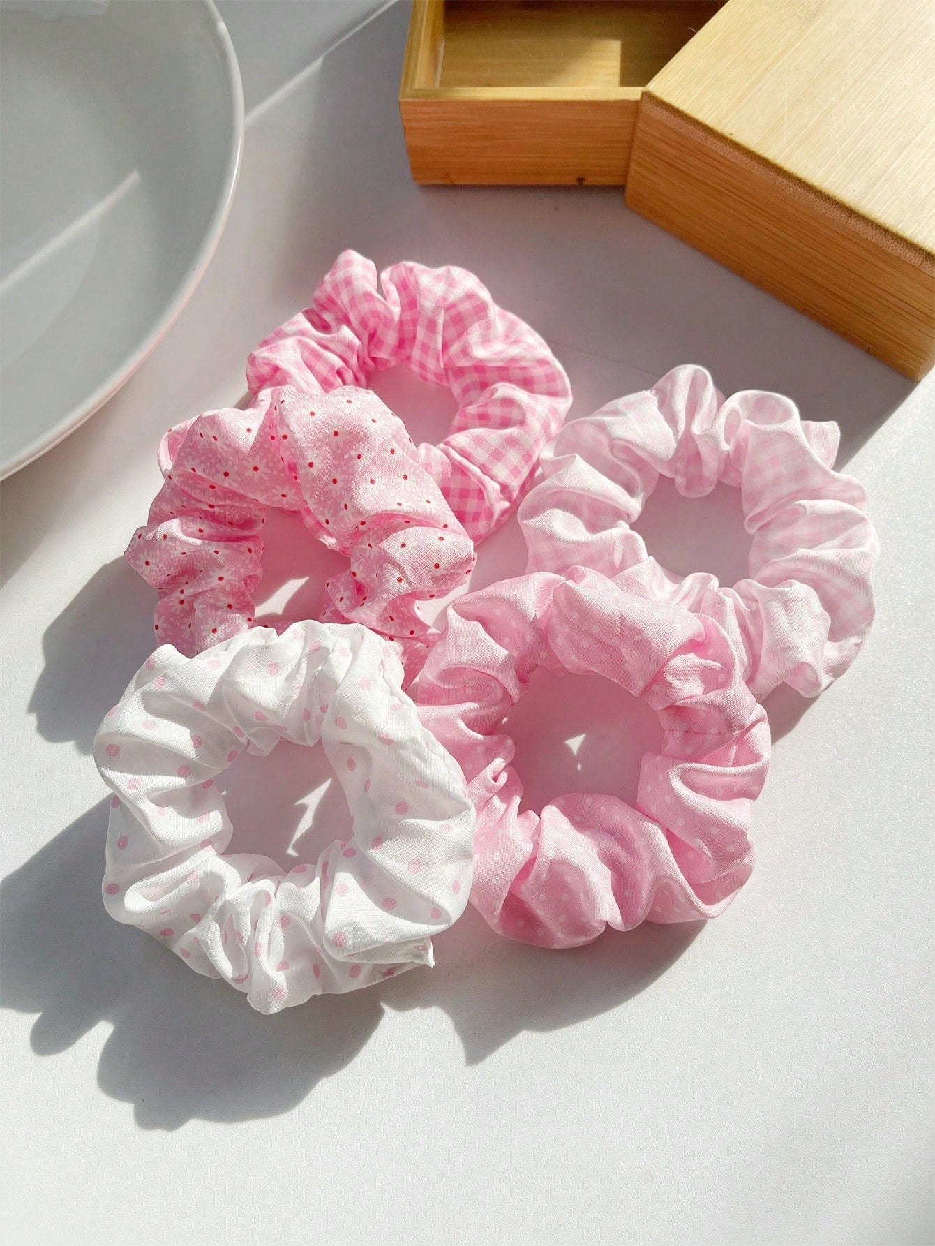 5pc Ditsy Floral Plaid Polka Dot Scrunchie Set