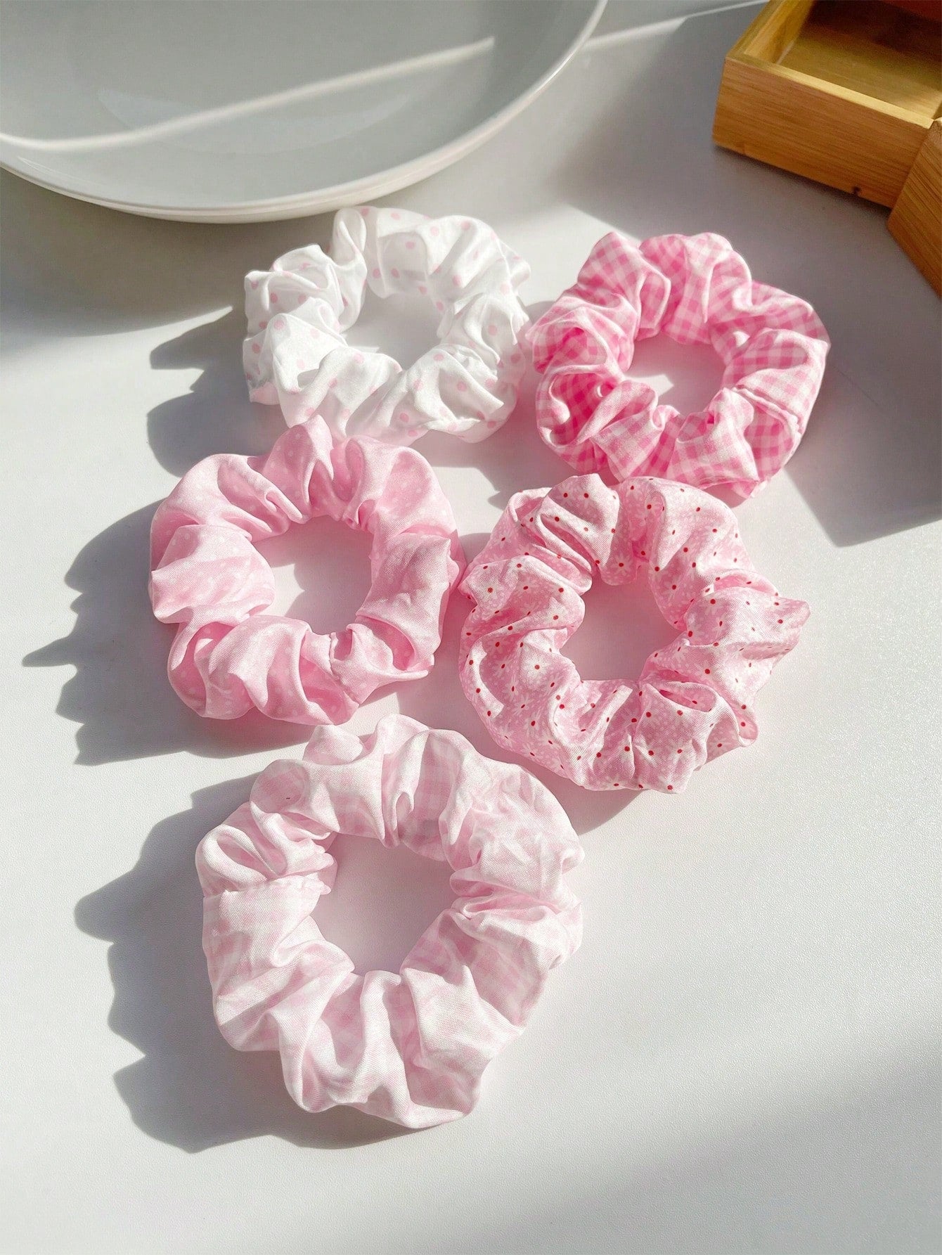 5pc Ditsy Floral Plaid Polka Dot Scrunchie Set