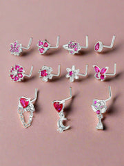 11pcs Studs Nose Rings - Hot Pink