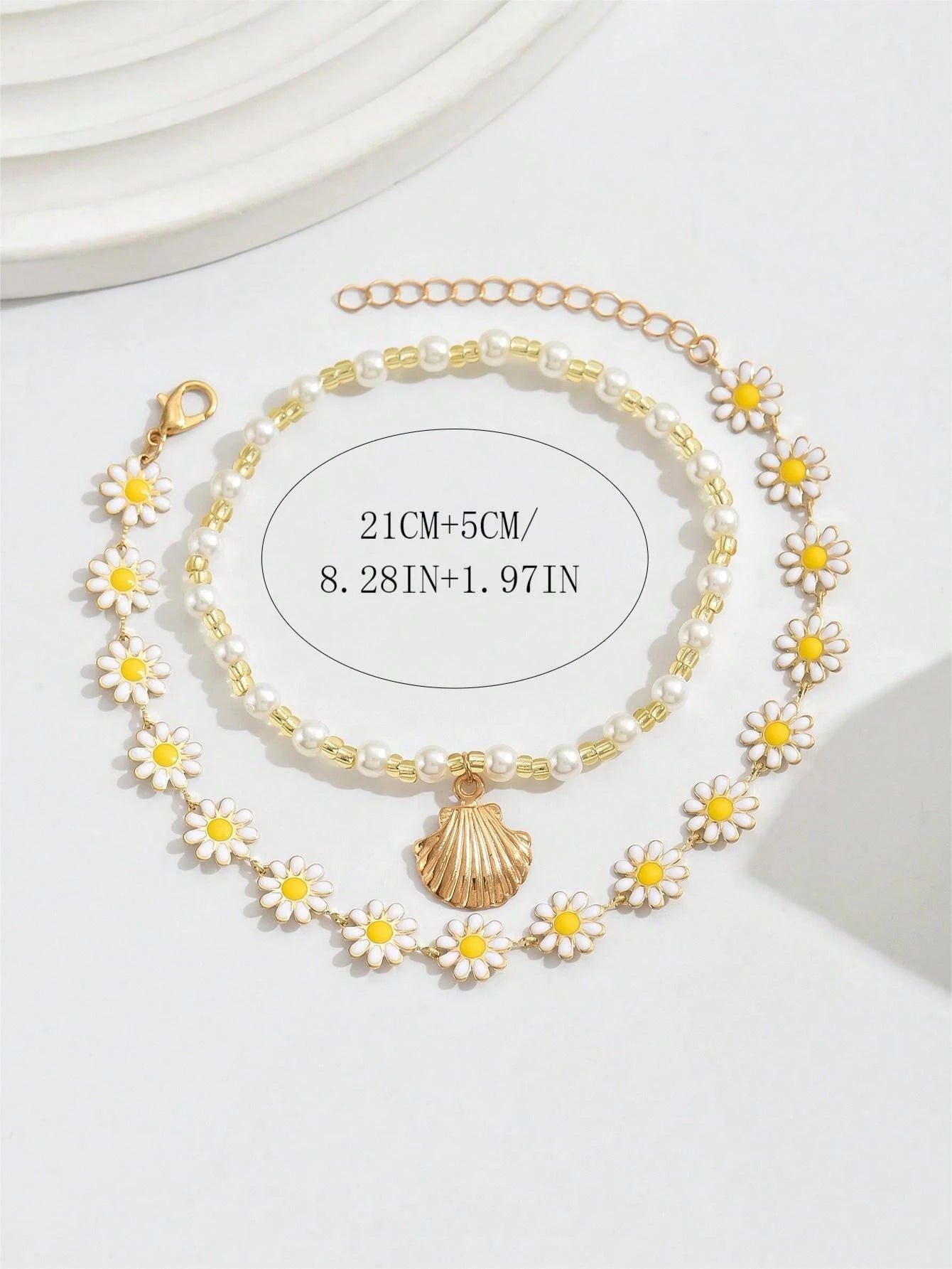 2pcs Handmade Pearl Bead & Gold Shell Anklet Set