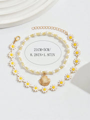 2pcs Handmade Pearl Bead & Gold Shell Anklet Set