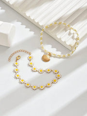 2pcs Handmade Pearl Bead & Gold Shell Anklet Set