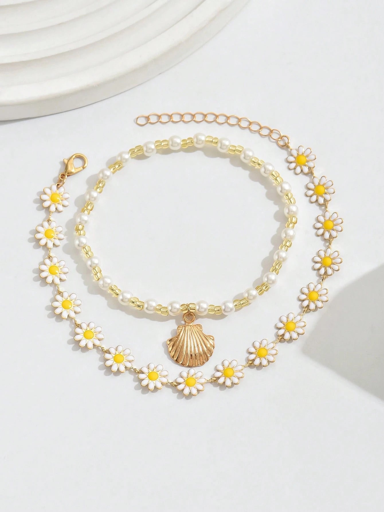 2pcs Handmade Pearl Bead & Gold Shell Anklet Set