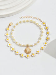 2pcs Handmade Pearl Bead & Gold Shell Anklet Set
