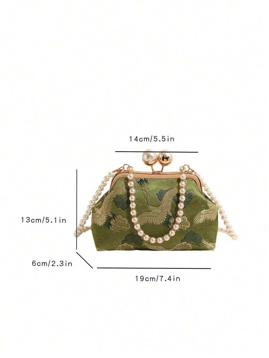 Green Floral Design Kiss Lock Faux Pearl Chain Clutch Bag With Pearl Chain