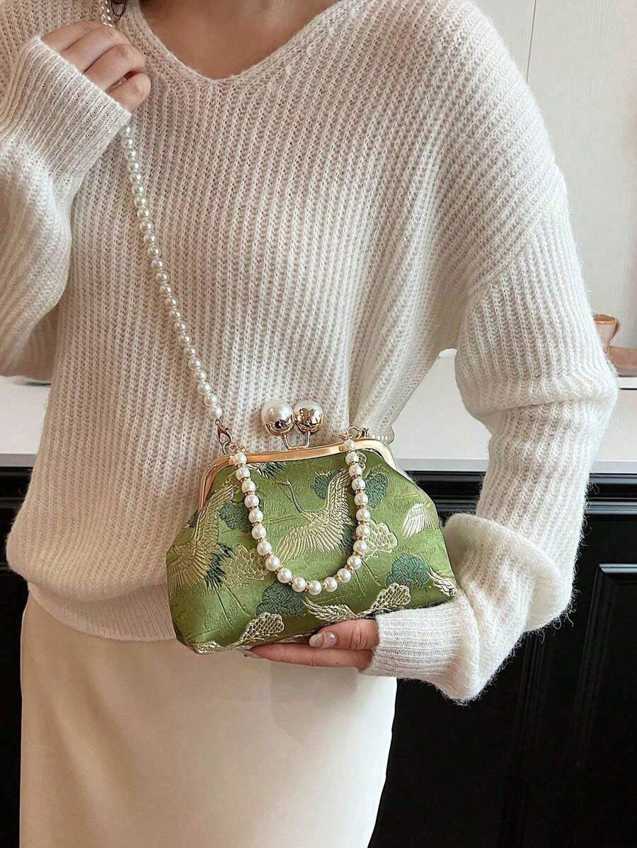 Green Floral Design Kiss Lock Faux Pearl Chain Clutch Bag With Pearl Chain