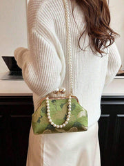 Green Floral Design Kiss Lock Faux Pearl Chain Clutch Bag With Pearl Chain