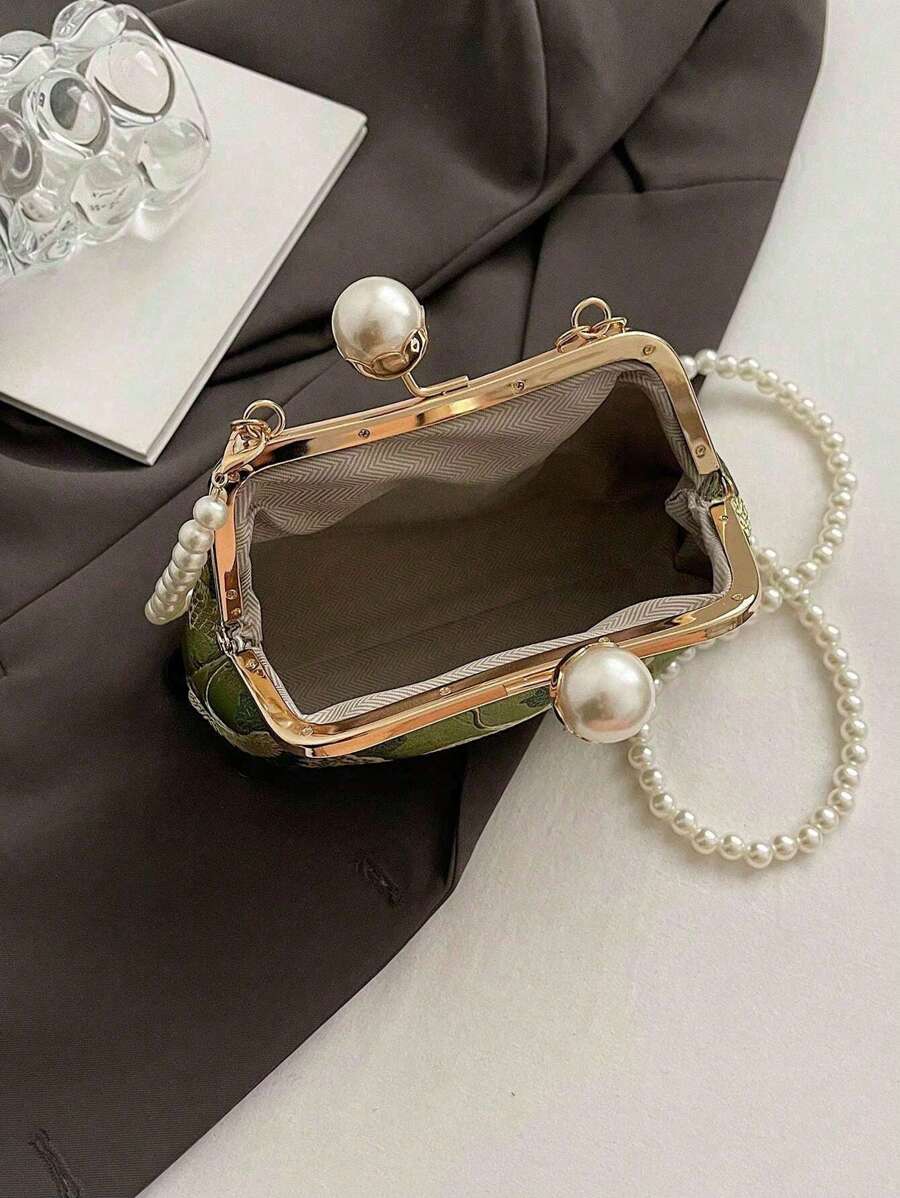Green Floral Design Kiss Lock Faux Pearl Chain Clutch Bag With Pearl Chain