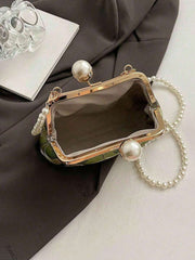 Green Floral Design Kiss Lock Faux Pearl Chain Clutch Bag With Pearl Chain