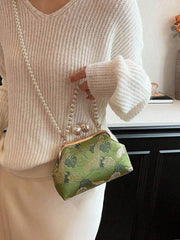 Green Floral Design Kiss Lock Faux Pearl Chain Clutch Bag With Pearl Chain