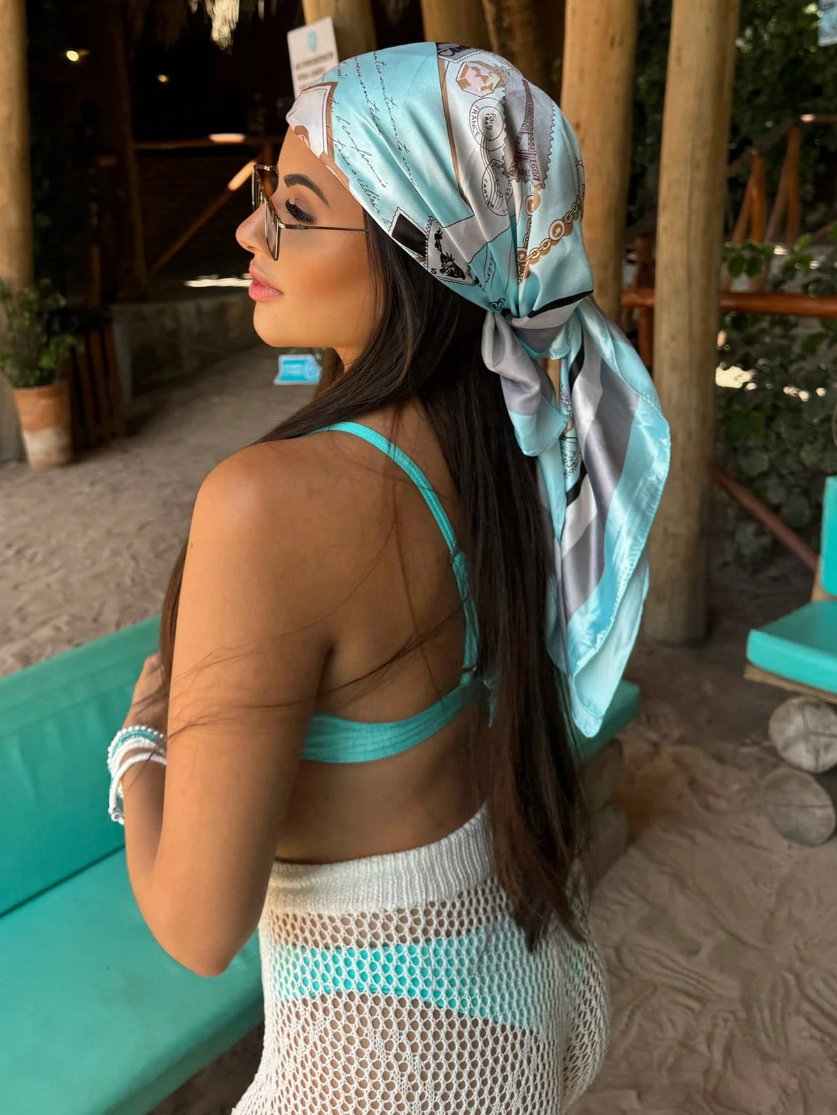 1pc Bandana Light Blue Printed Square Scarf