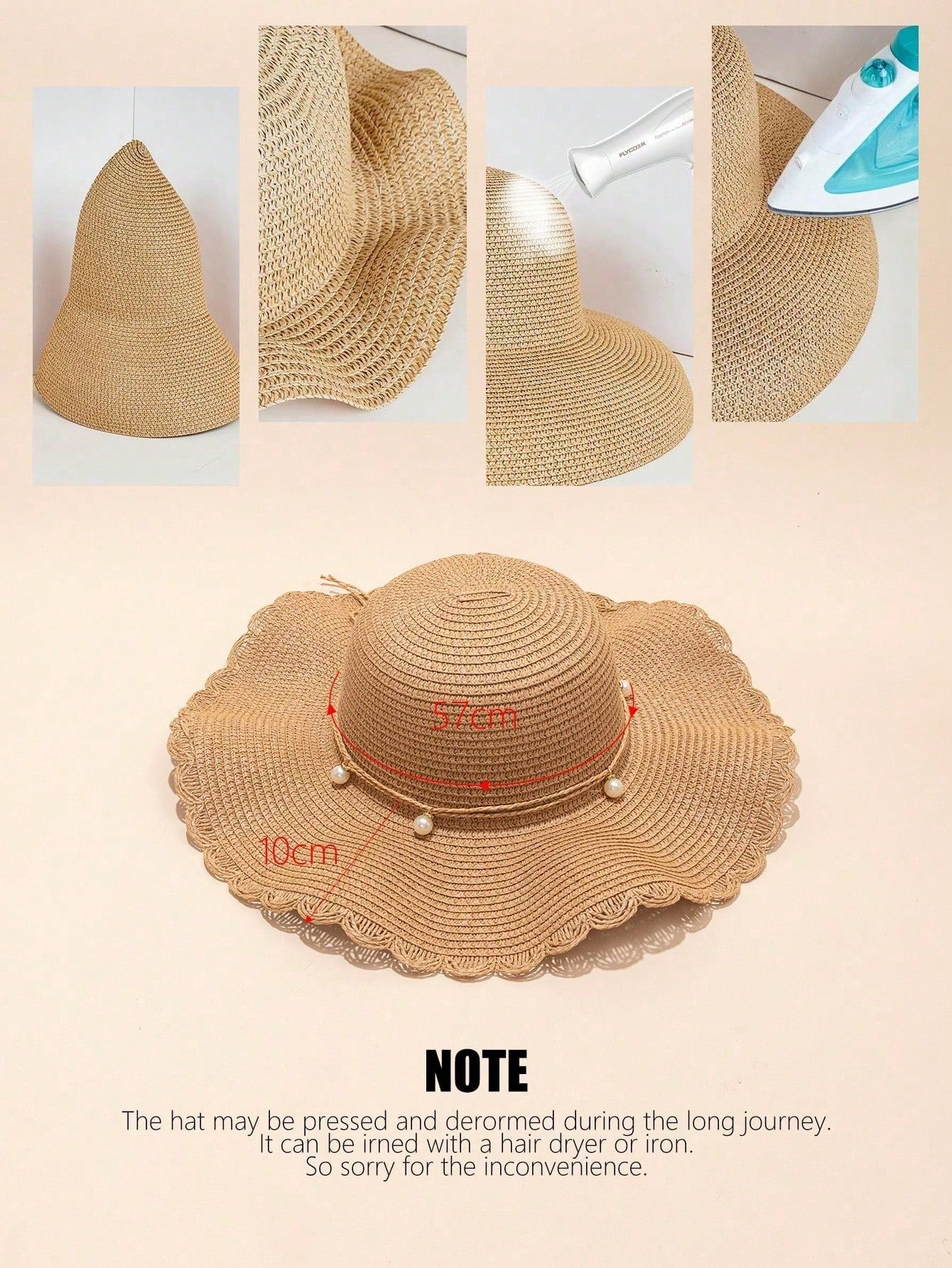 1pc Khaki Wave Beach Sun Hat