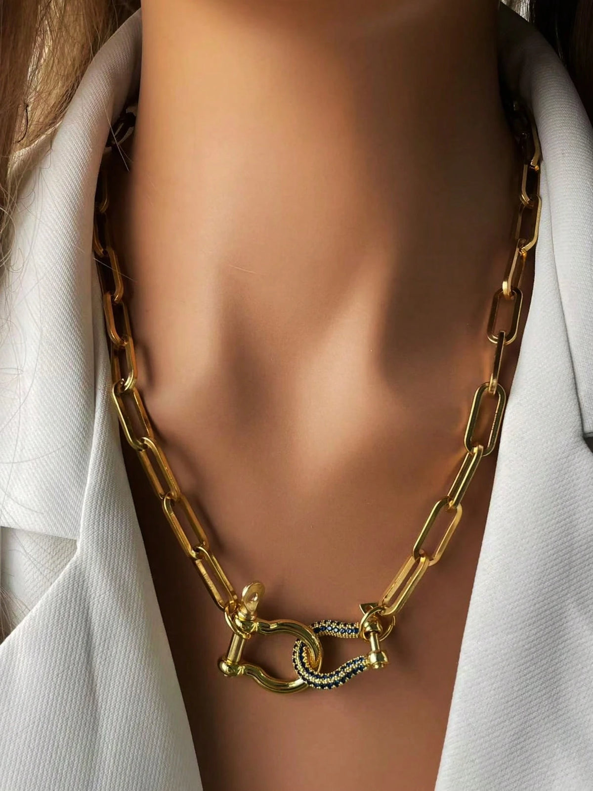 STYLEVER Gold Charm Pendant Necklace - Dark Blue Double Buckle Chain