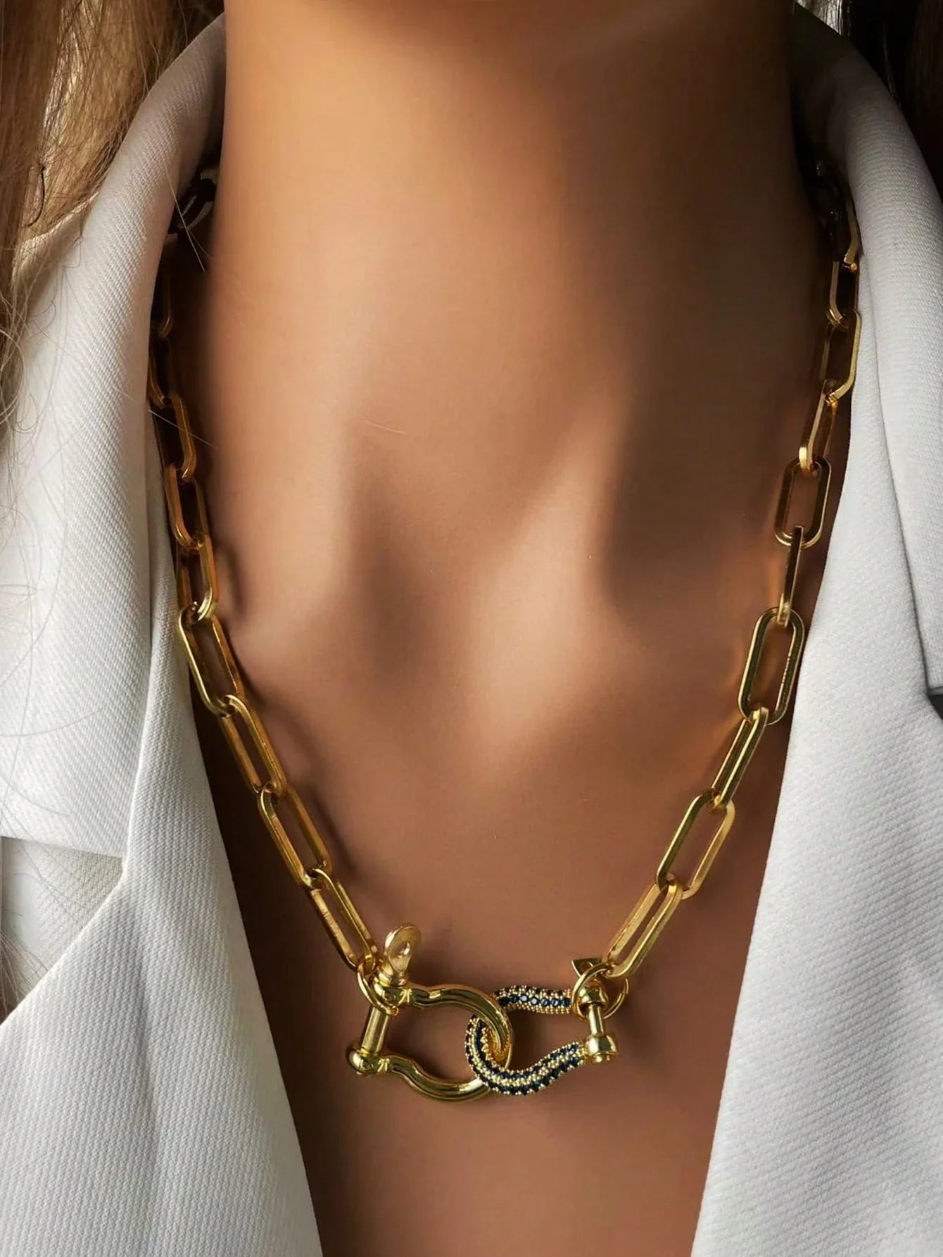 STYLEVER Gold Charm Pendant Necklace - Dark Blue Double Buckle Chain