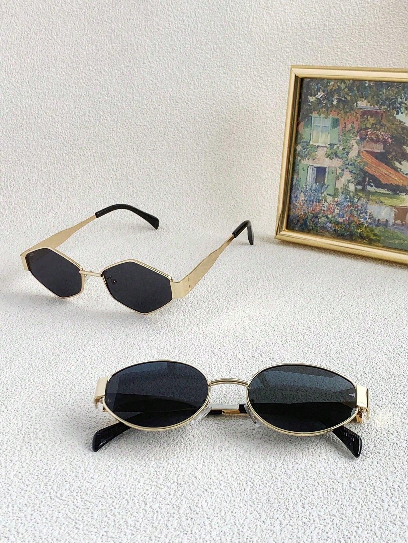 2 Pcs Oval Gold Metal Frame Sunglasses - Dark Grey Lens