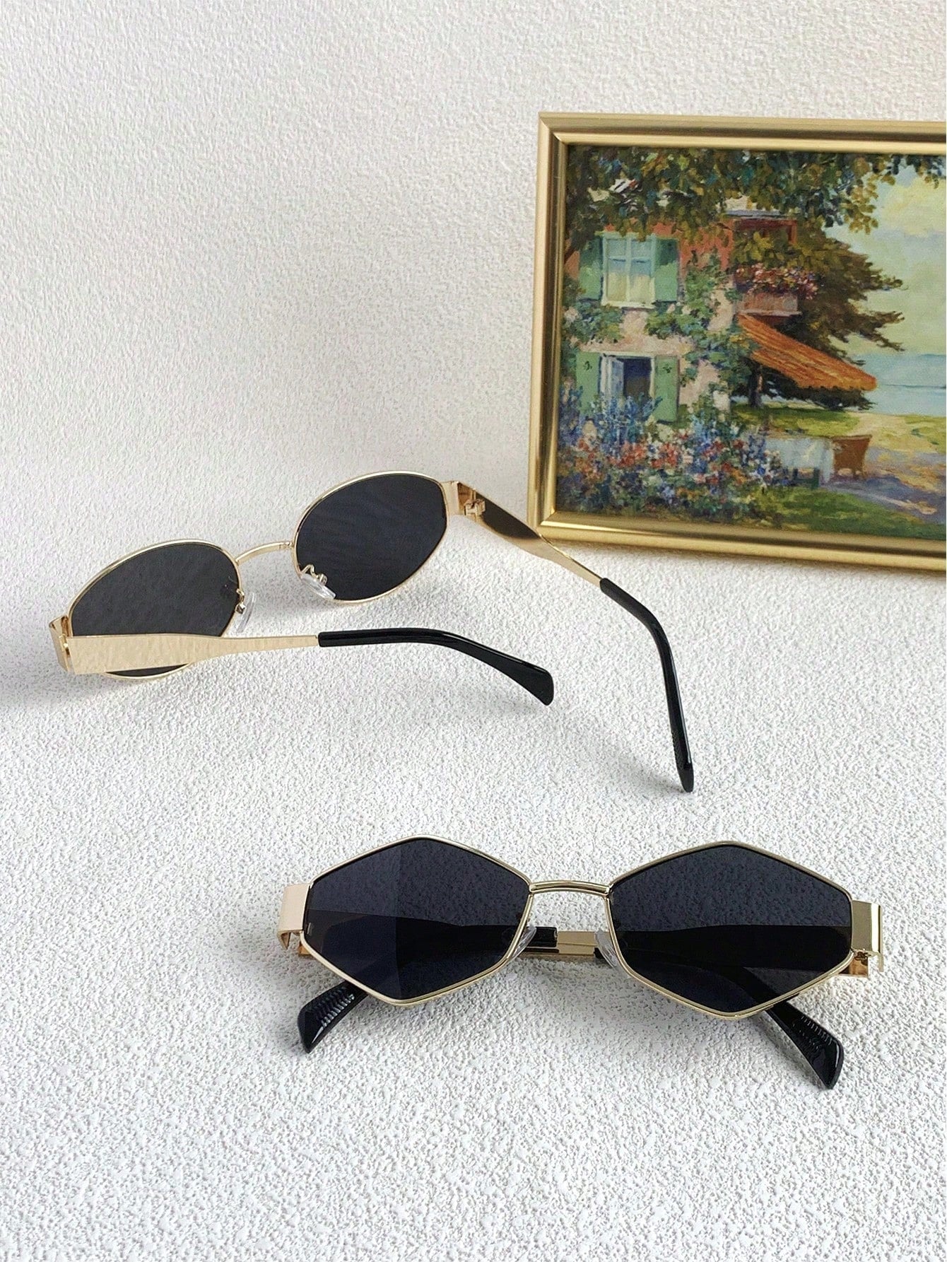 2 Pcs Oval Gold Metal Frame Sunglasses - Dark Grey Lens