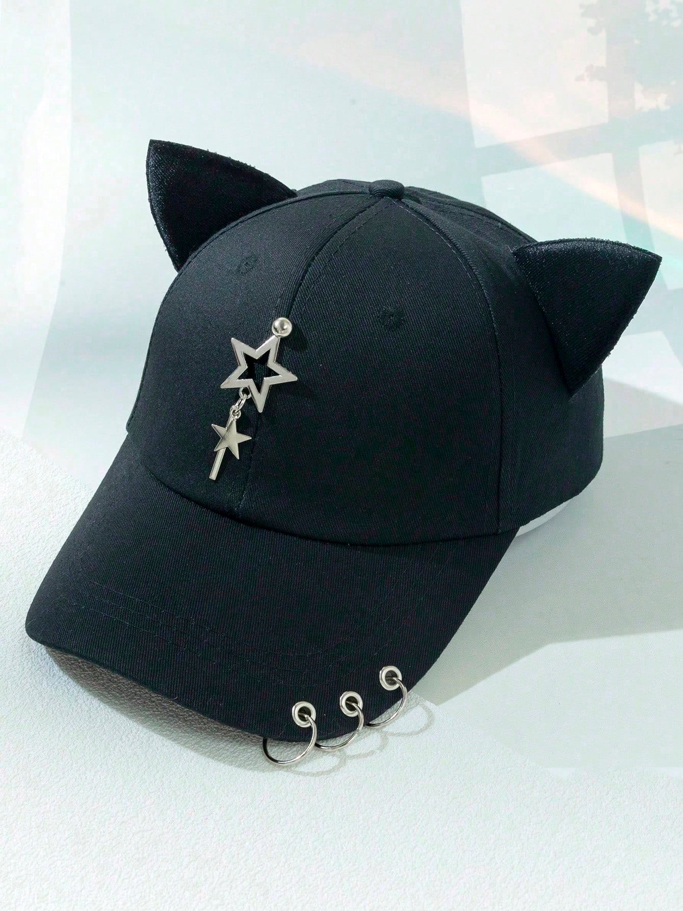 1pc Cat Ear Snapback Cap - Black