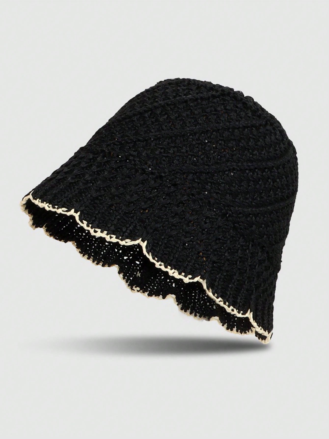 1pc Knitted Fashion Lace Color-Matching Bucket Sun Hat - Black