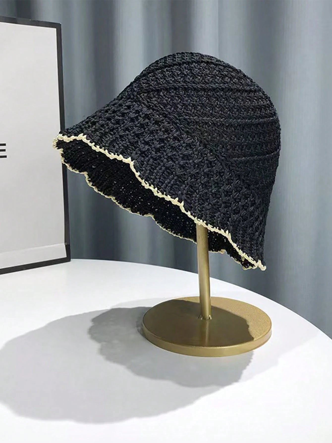 1pc Knitted Fashion Lace Color-Matching Bucket Sun Hat - Black