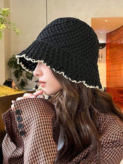 1pc Knitted Fashion Lace Color-Matching Bucket Sun Hat - Black
