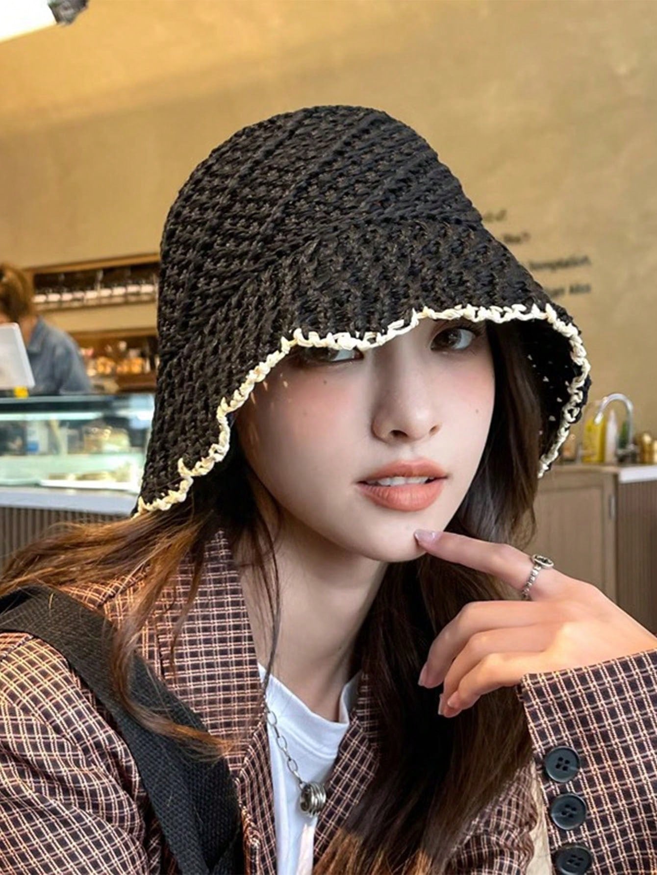 1pc Knitted Fashion Lace Color-Matching Bucket Sun Hat - Black